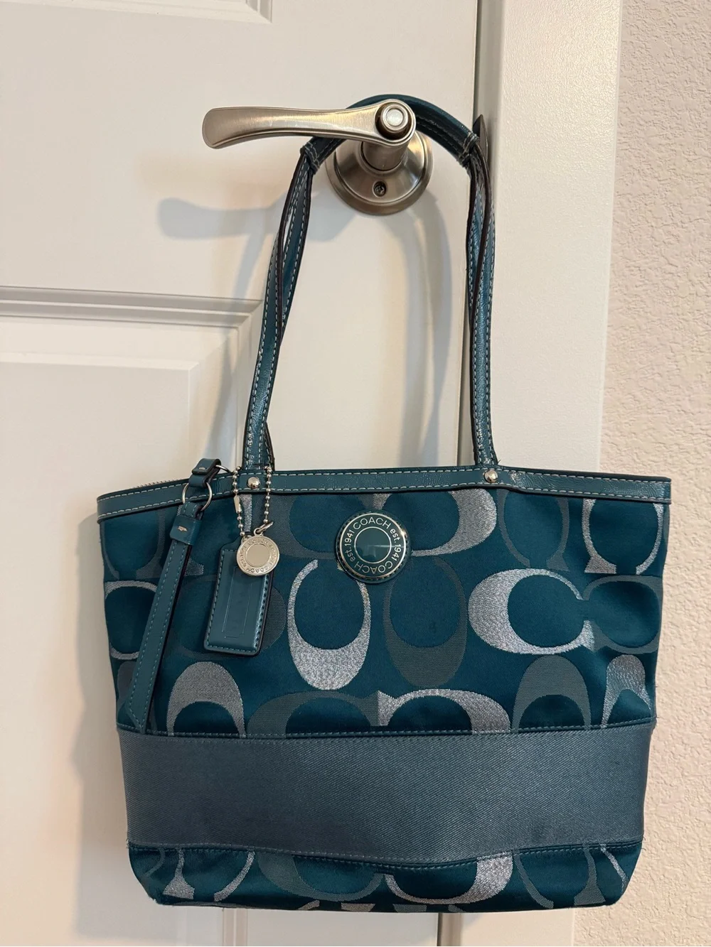 COACH factory F20429 Signature Sateen Tote Shoulder Bag in Teal Blue Metallic